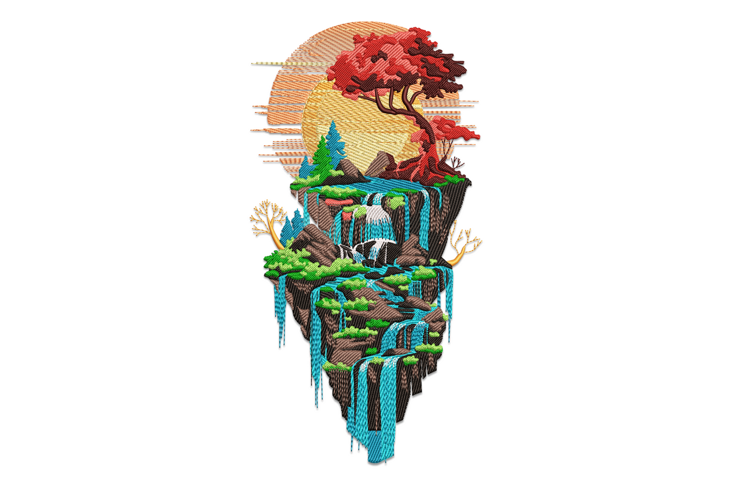 Floating island waterfall embroidery, rocky island with red autumn tree, conifers, waterfall streams beneath, 13 colours, fantasy landscape.