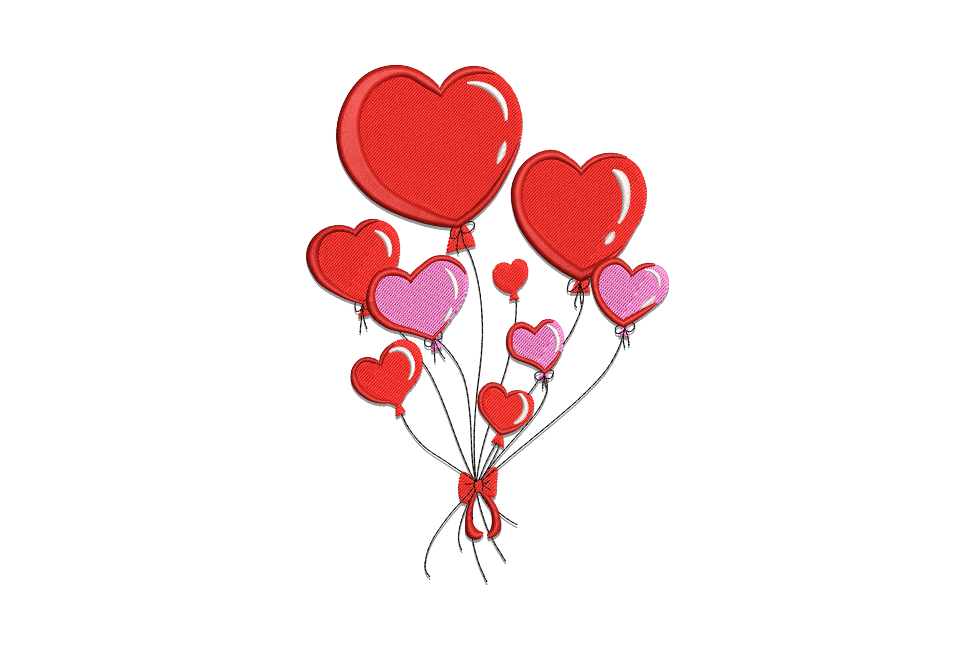 Floating Love Balloons bouquet embroidery with red, pink, white and dark red heart balloons tied with ribbon bow.