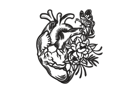 Anatomical heart line art with chrysanthemum blooms on right side and small butterfly on upper arteries, black thread.