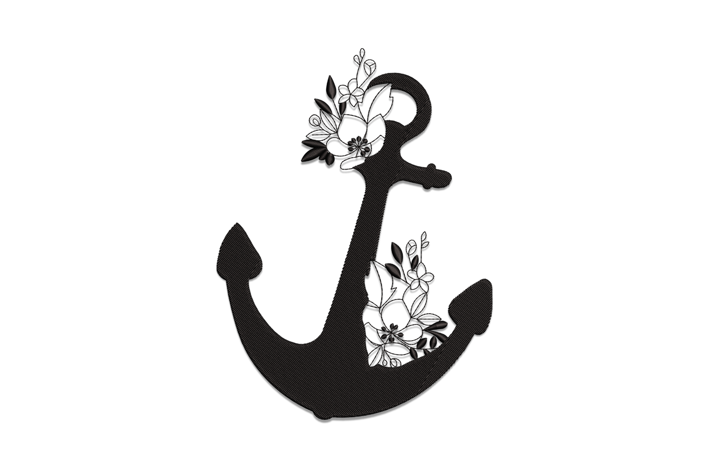 Floral anchor embroidery design, solid black anchor silhouette with delicate open blooms and leaf sprigs woven through the ring and shank.