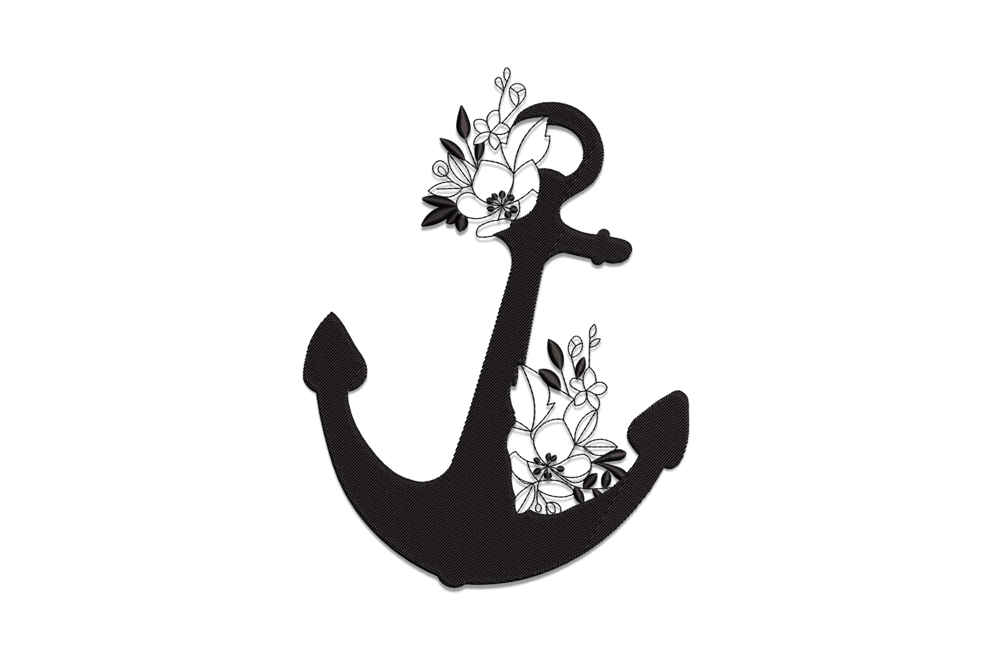 Floral anchor embroidery design, solid black anchor silhouette with delicate open blooms and leaf sprigs woven through the ring and shank.
