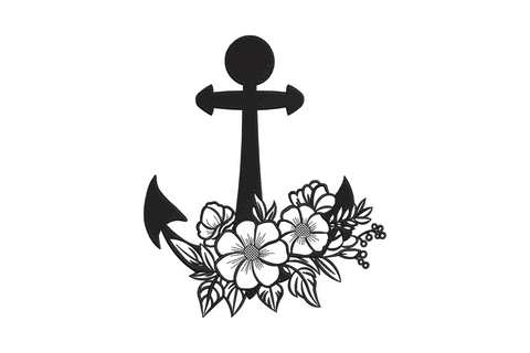 Floral anchor nautical embroidery design, clean anchor with cluster of open flowers and layered botanical leaves at base, single black thread