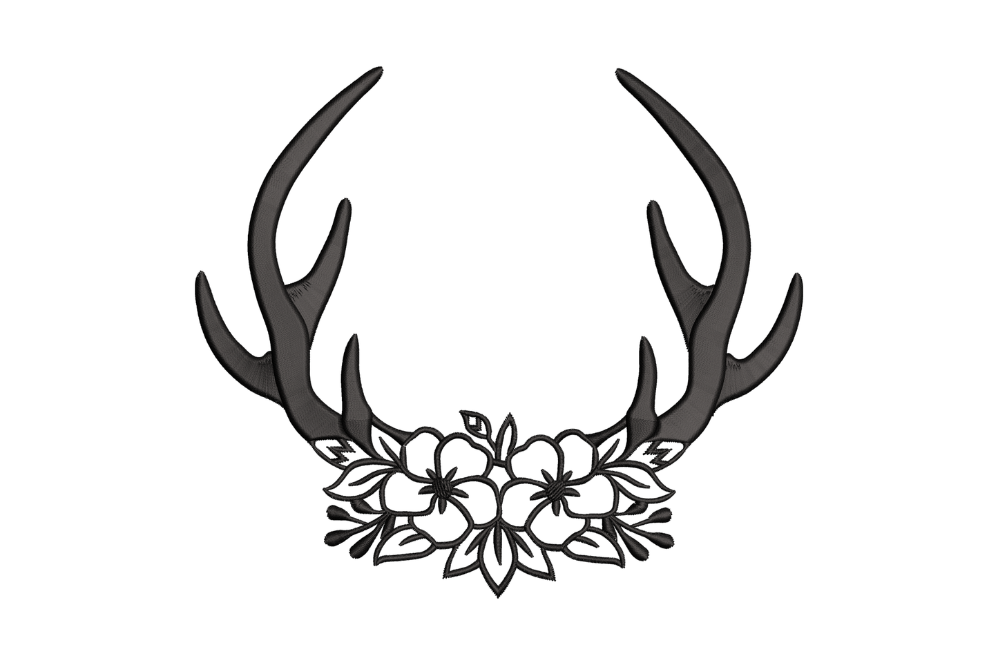 Floral antlers embroidery design, deer antlers with dark satin fill and open flower cluster at the base, single black thread, woodland style