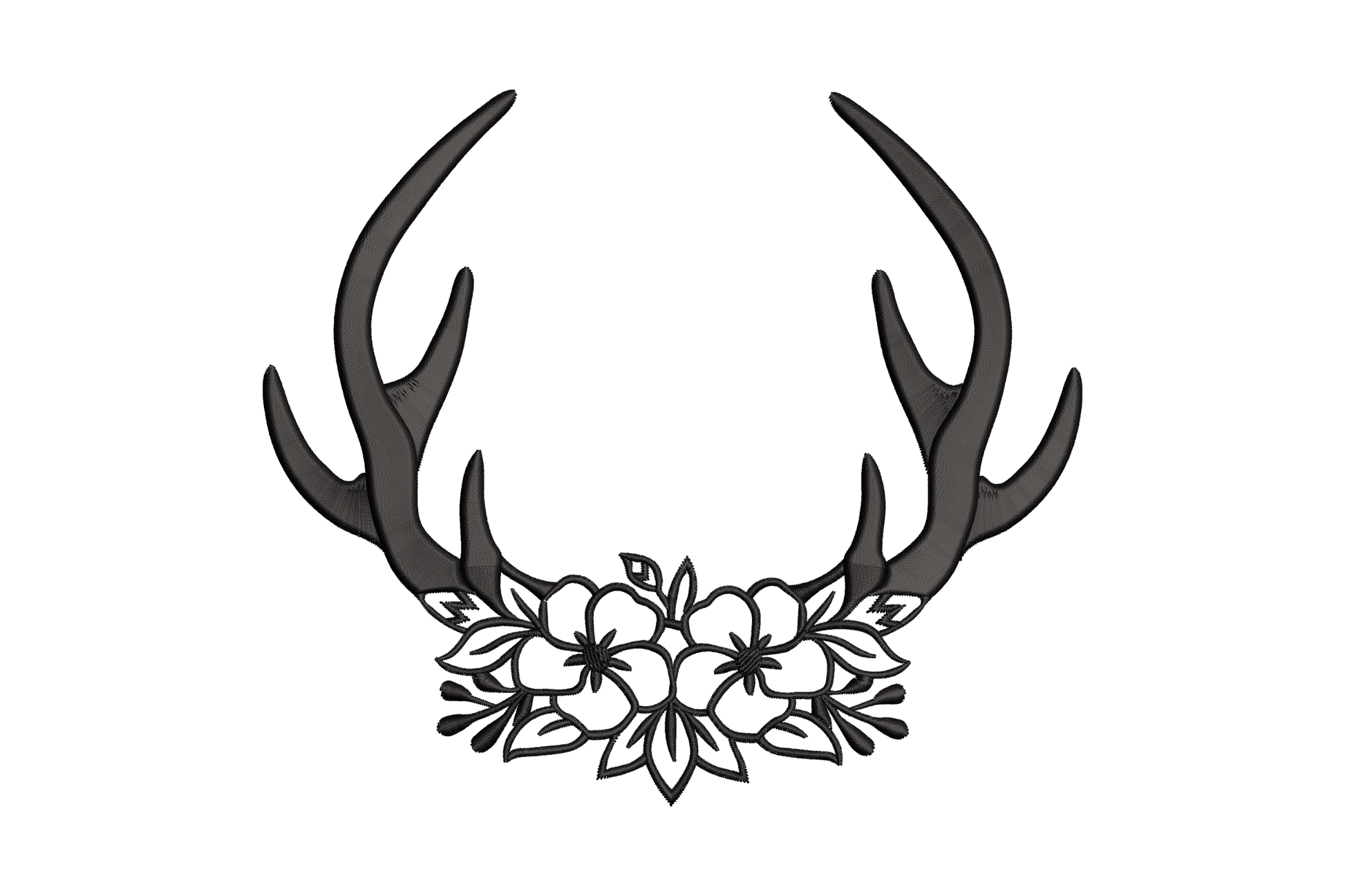 Floral antlers embroidery design, deer antlers with dark satin fill and open flower cluster at the base, single black thread, woodland style