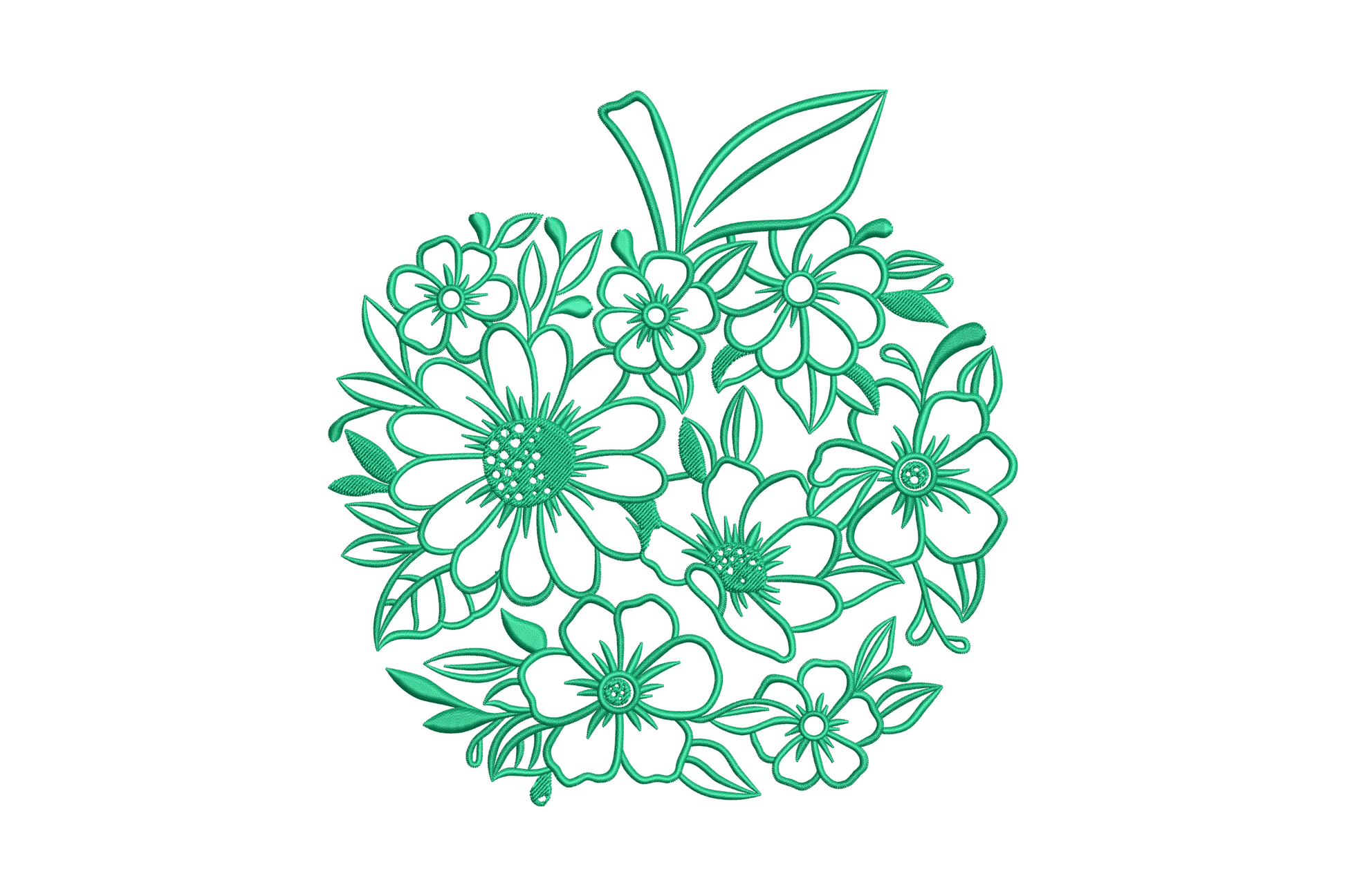 Floral apple outline embroidery, apple shape filled with layered flowers and leaves, single teal thread, 5 sizes