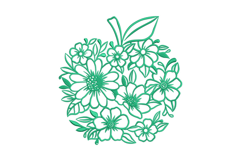 Floral apple outline embroidery, apple shape filled with layered flowers and leaves, single teal thread, 5 sizes