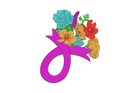 Floral awareness ribbon embroidery design with botanical flowers and leaves, 8 colours, 5 sizes up to 7.5 inches
