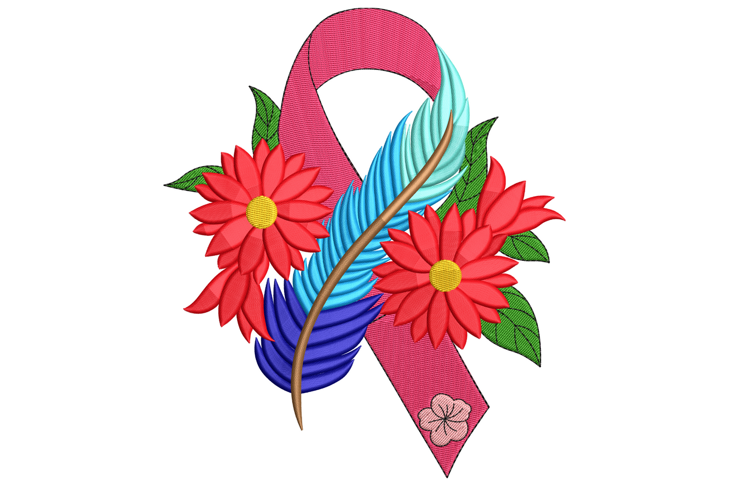 Pink awareness ribbon embroidery wrapped through two red daisies, a turquoise and navy feather and green leaves with a tiny pink bloom