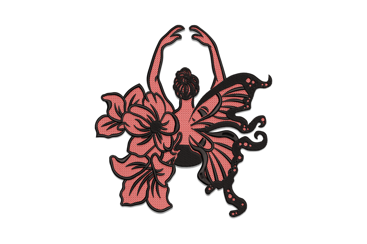 Floral ballerina butterfly embroidery design in coral and black, dancer with one side as hibiscus blooms and the other as butterfly wings with dot accents.