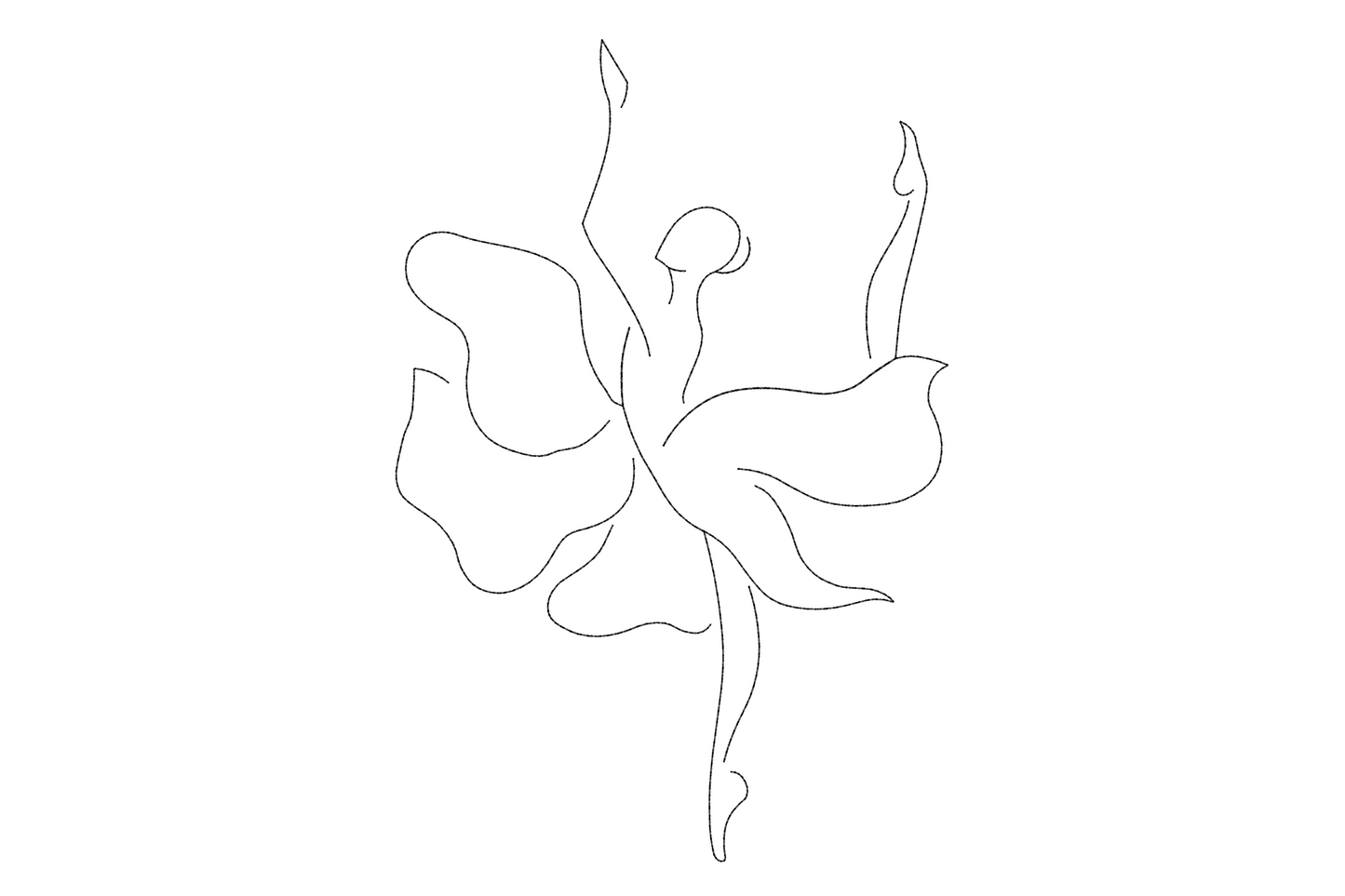 Floral ballerina line art embroidery design with single black thread outline of dancer in arabesque pose, raised arms, floral cluster through hair and shoulder, minimalist elegant style.