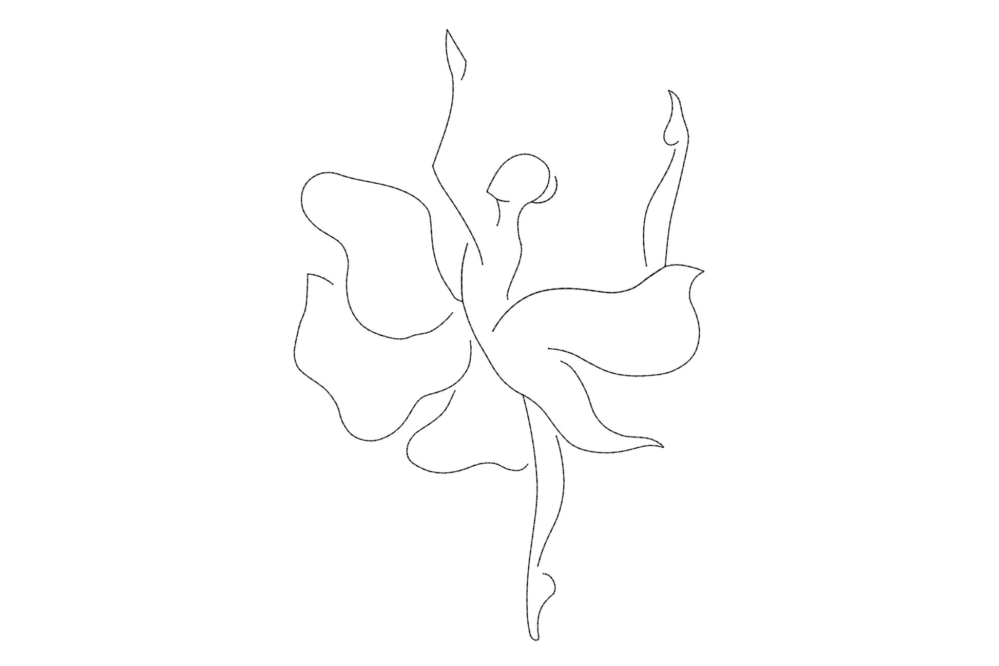 Floral ballerina line art embroidery design with single black thread outline of dancer in arabesque pose, raised arms, floral cluster through hair and shoulder, minimalist elegant style.