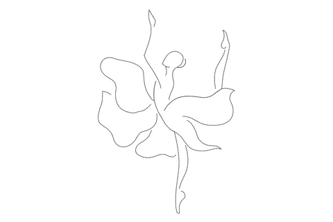Floral ballerina line art embroidery design with single black thread outline of dancer in arabesque pose, raised arms, floral cluster through hair and shoulder, minimalist elegant style.