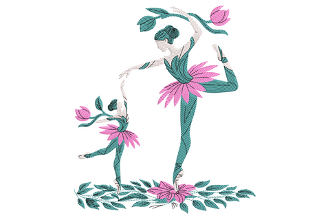 Floral ballet dancer embroidery design, two teal line-work ballerinas with pink lotus tutus and botanical leaf base, mother and child pose.