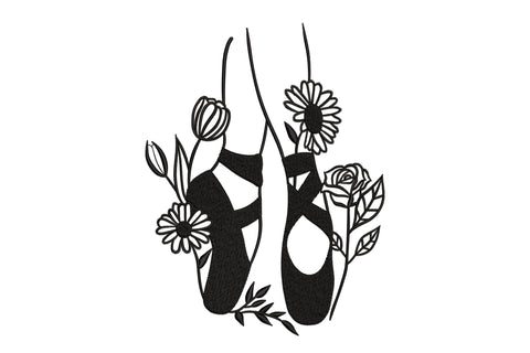 Floral ballet pointe shoes embroidery design with solid black ribbon shoes surrounded by open-petal daisies, a rose, tulips and leaf sprigs.