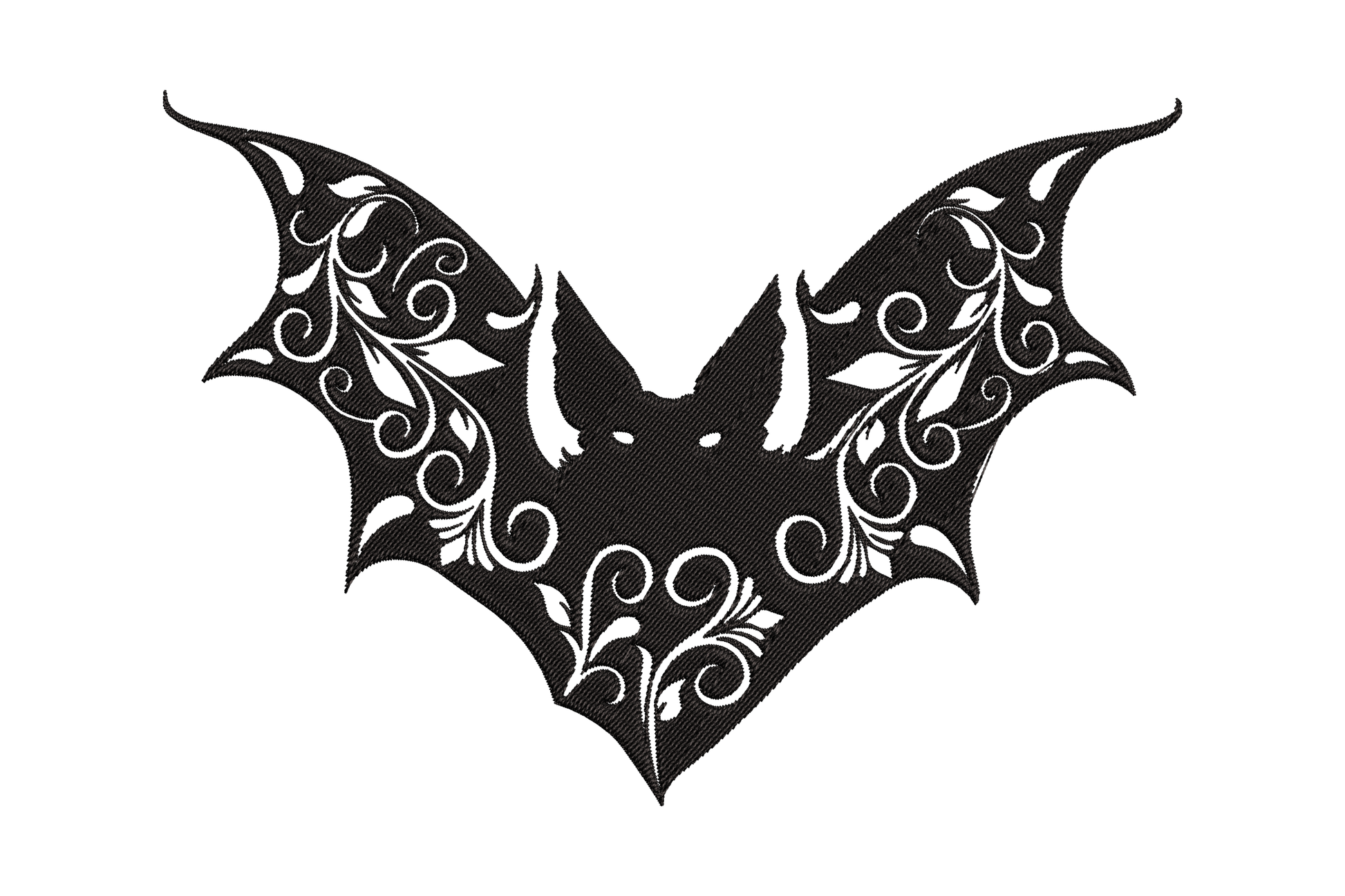 Floral bat silhouette embroidery design with ornate scrollwork and vine detail inside bat wings in single colour black.
