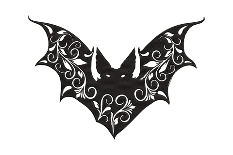 Floral bat silhouette embroidery design with ornate scrollwork and vine detail inside bat wings in single colour black.