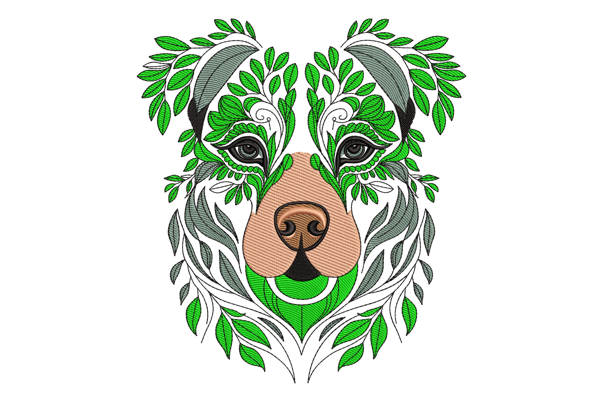 Floral bear face embroidery design with chocolate brown bear, cream muzzle, and dusty rose and sage green floral crown