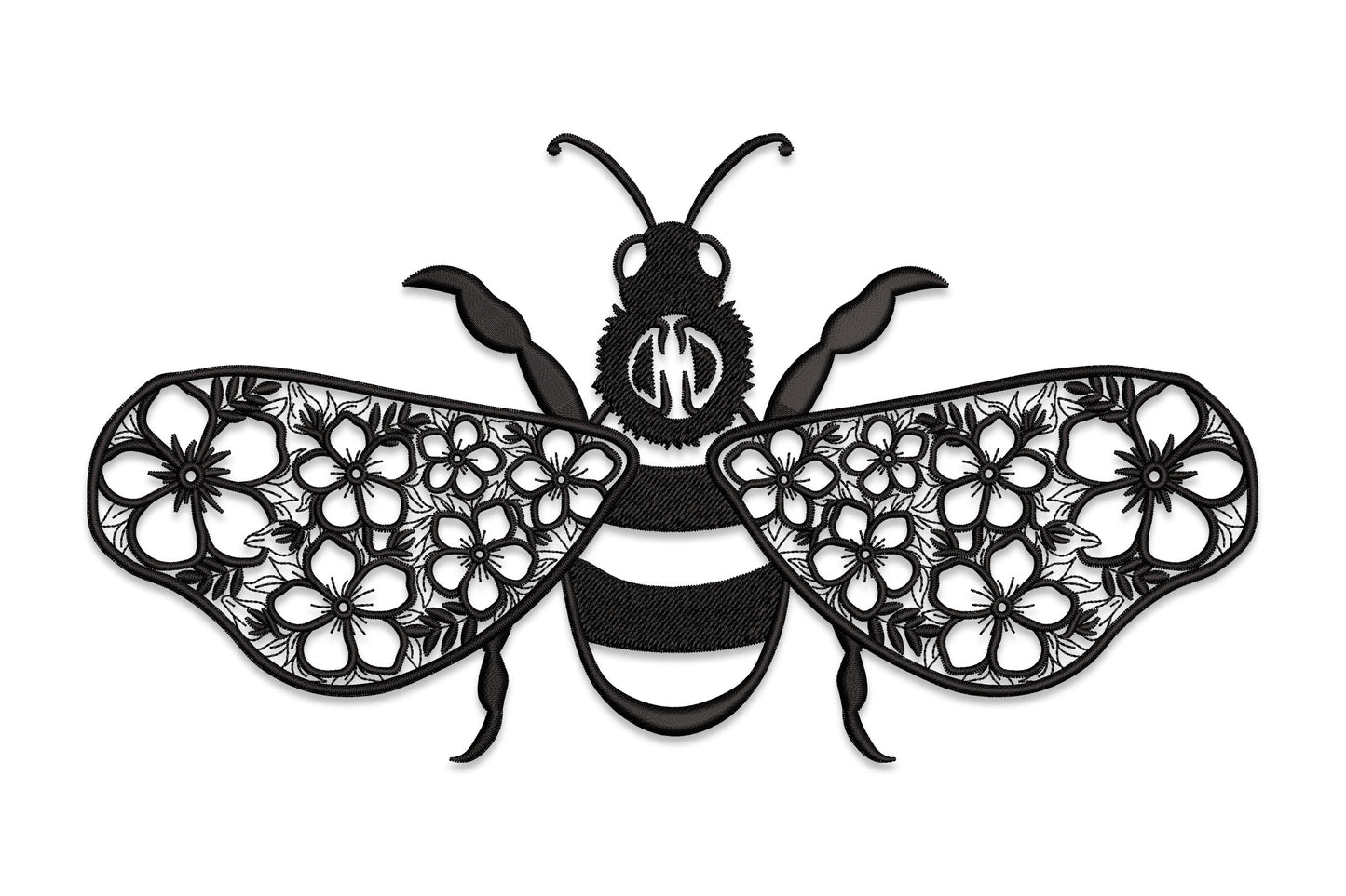 Floral bee embroidery: solid satin-striped body, wide wings packed with outline flowers in a lace cutwork style.