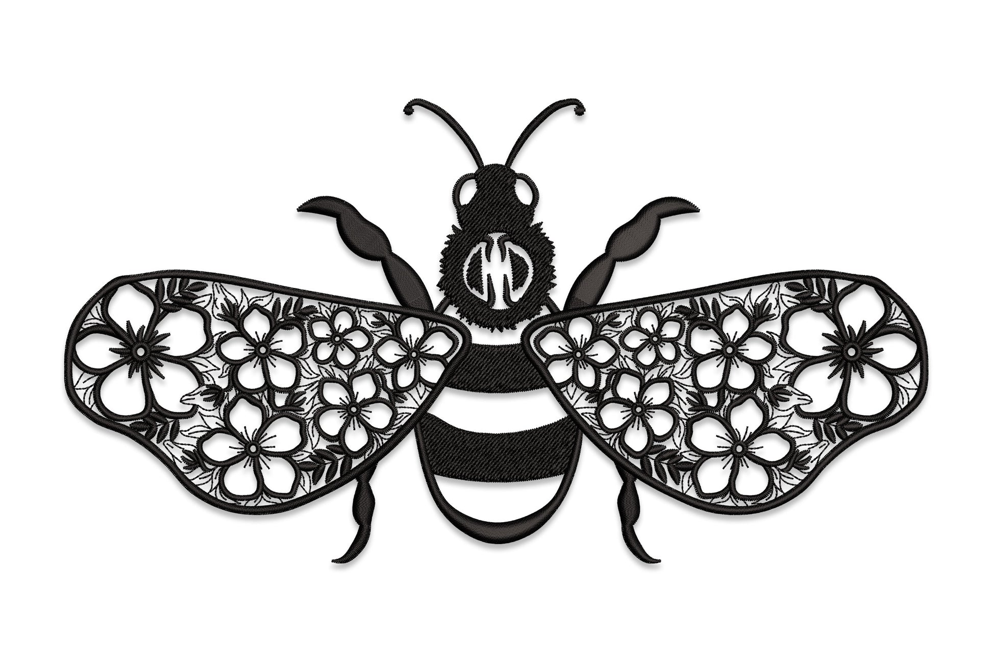 Floral bee embroidery: solid satin-striped body, wide wings packed with outline flowers in a lace cutwork style.