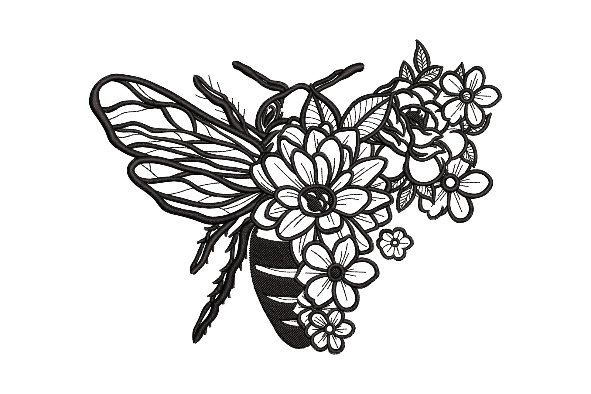 Floral bee outline embroidery design where the bee body and wings are formed from daisy petals and botanical linework, single black thread, 5 sizes.