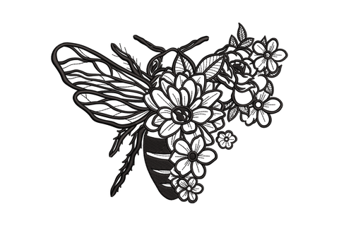 Floral bee outline embroidery design where the bee body and wings are formed from daisy petals and botanical linework, single black thread, 5 sizes.