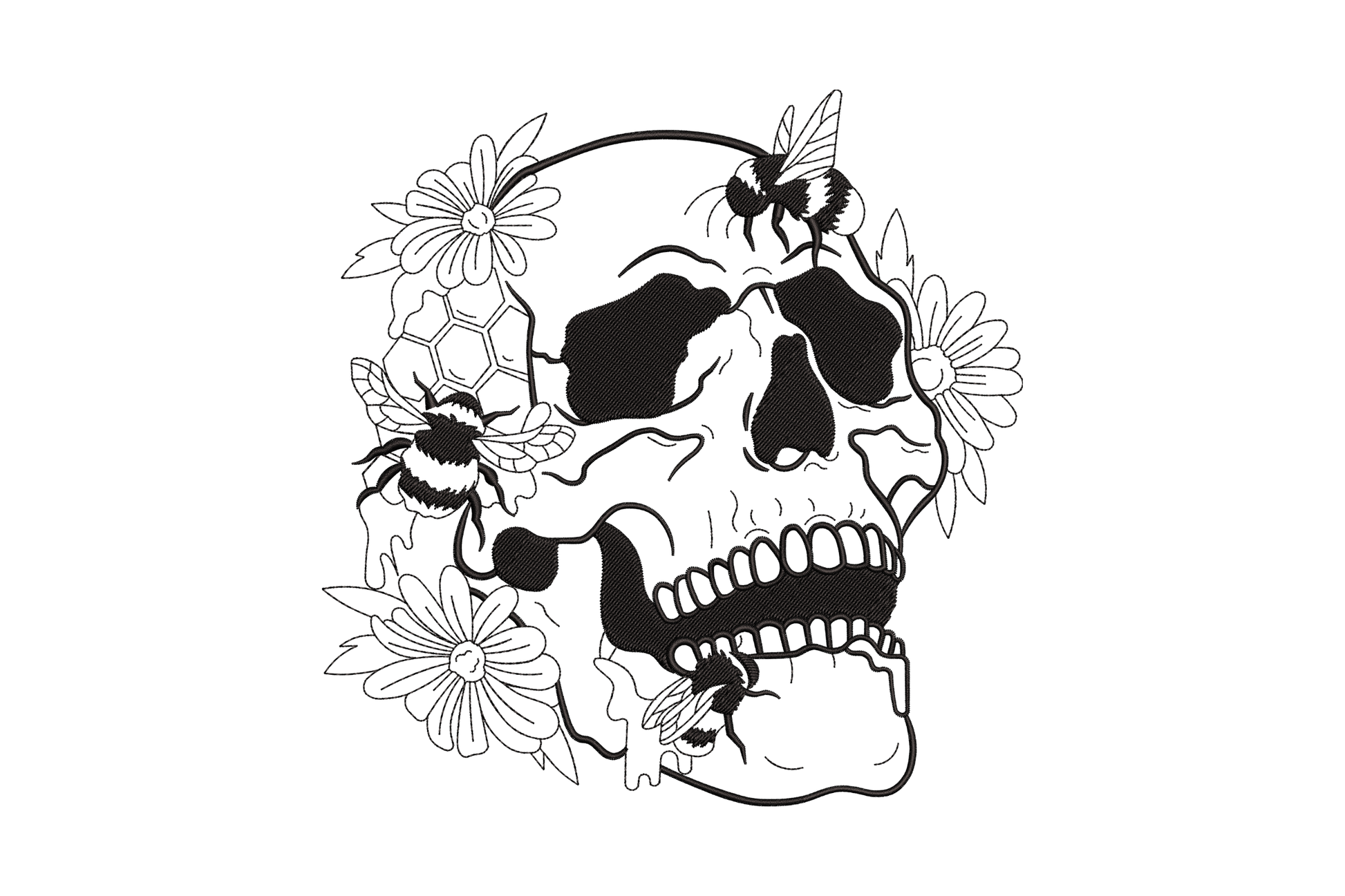 Floral bee skull embroidery design, single black thread line art skull with daisies, bees and honeycomb, tattoo illustration style