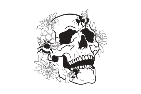 Floral bee skull embroidery design, single black thread line art skull with daisies, bees and honeycomb, tattoo illustration style