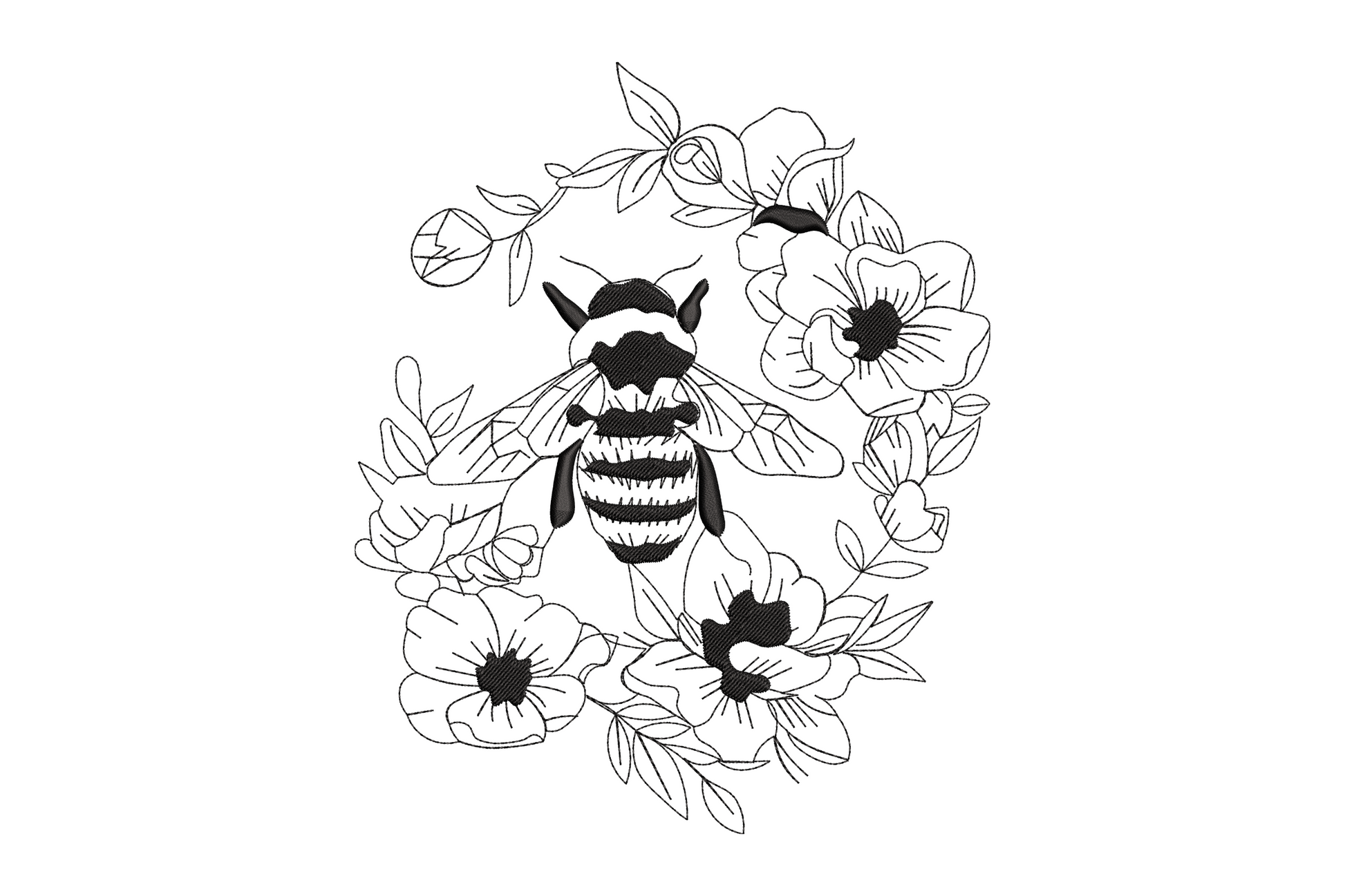 Floral bee wreath embroidery design with bee in centre of open flower circle in single black thread