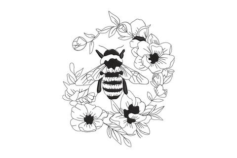 Floral bee wreath embroidery design with bee in centre of open flower circle in single black thread