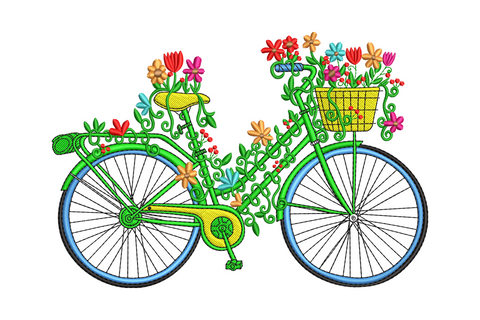 Floral bicycle embroidery with flower basket, scroll frame, 10 colours: green blue yellow red and pink spring blooms