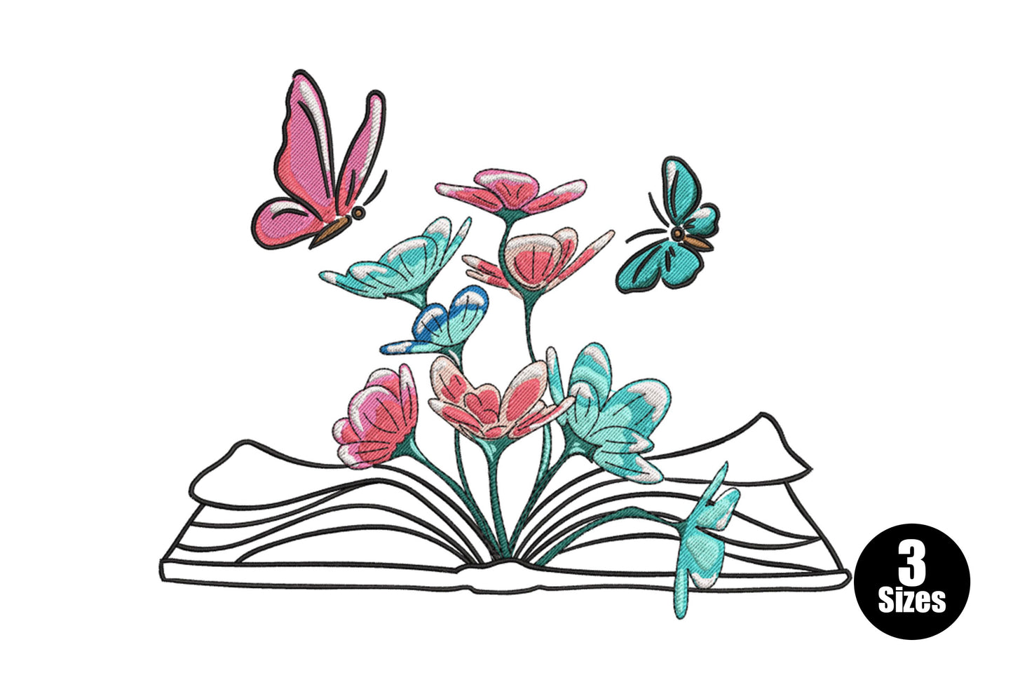Floral book embroidery with an open hardcover book covered in climbing roses and layered botanical leaves in dusty rose, burgundy and sage green.