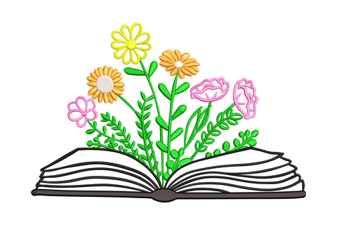 Floral book lover embroidery with open book and meadow daisy wildflowers, yellow orange and pink blooms with dark green foliage in bright 6-colour folk-art style.