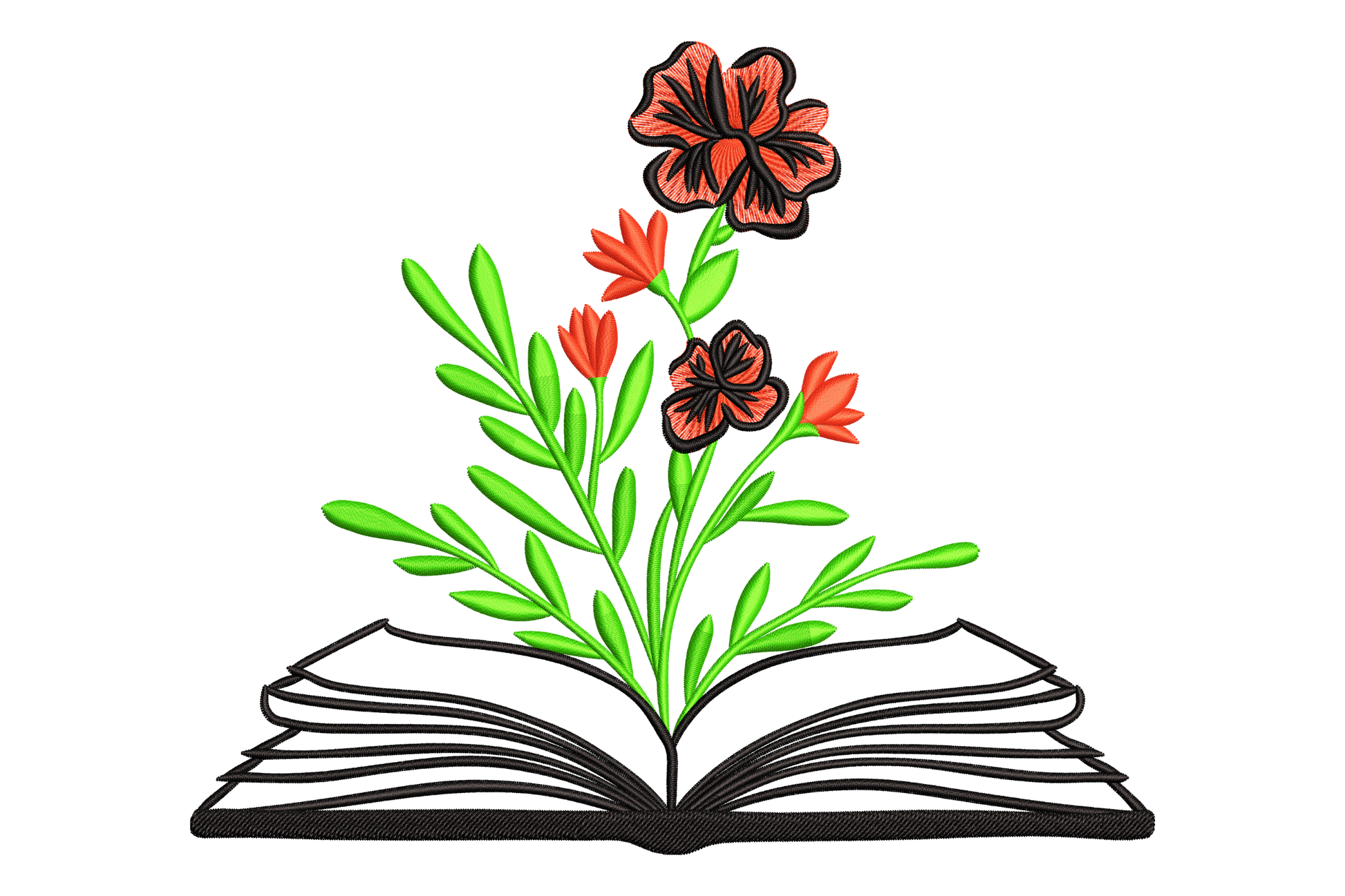 Floral book embroidery design with open book outline and red flowers with green leaves rising from the pages