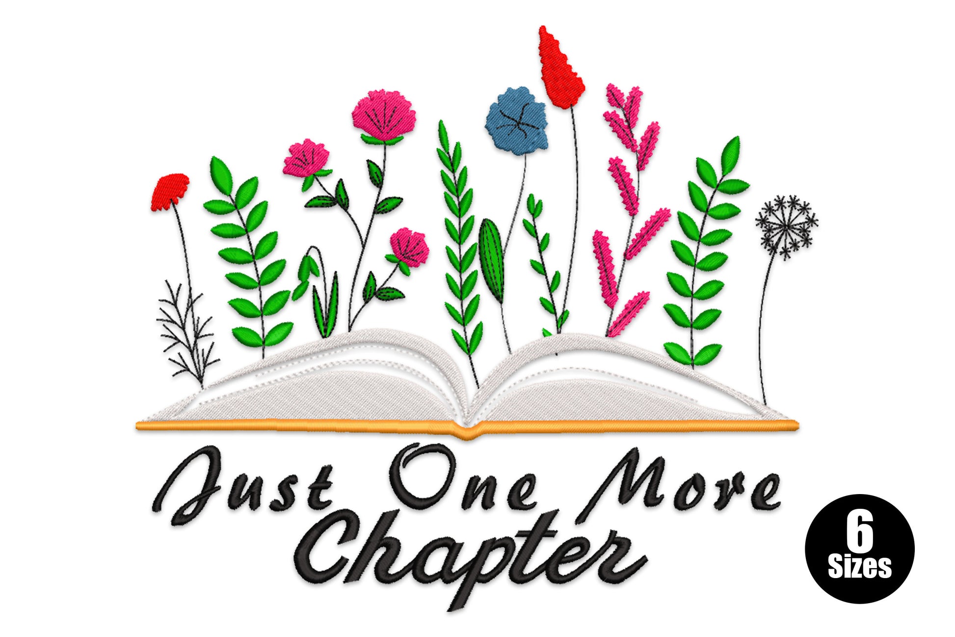 Floral book embroidery design with wildflowers growing from open pages and Just One More Chapter script below in black.