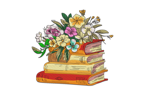 Floral books stack embroidery design with 14 colours, stacked book spines surrounded by layered blush and sage floral blooms.
