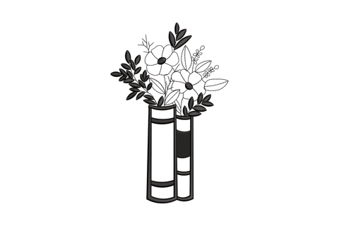 Two upright books acting as a vase holding wildflowers, single colour machine embroidery design, 5 sizes, wide format