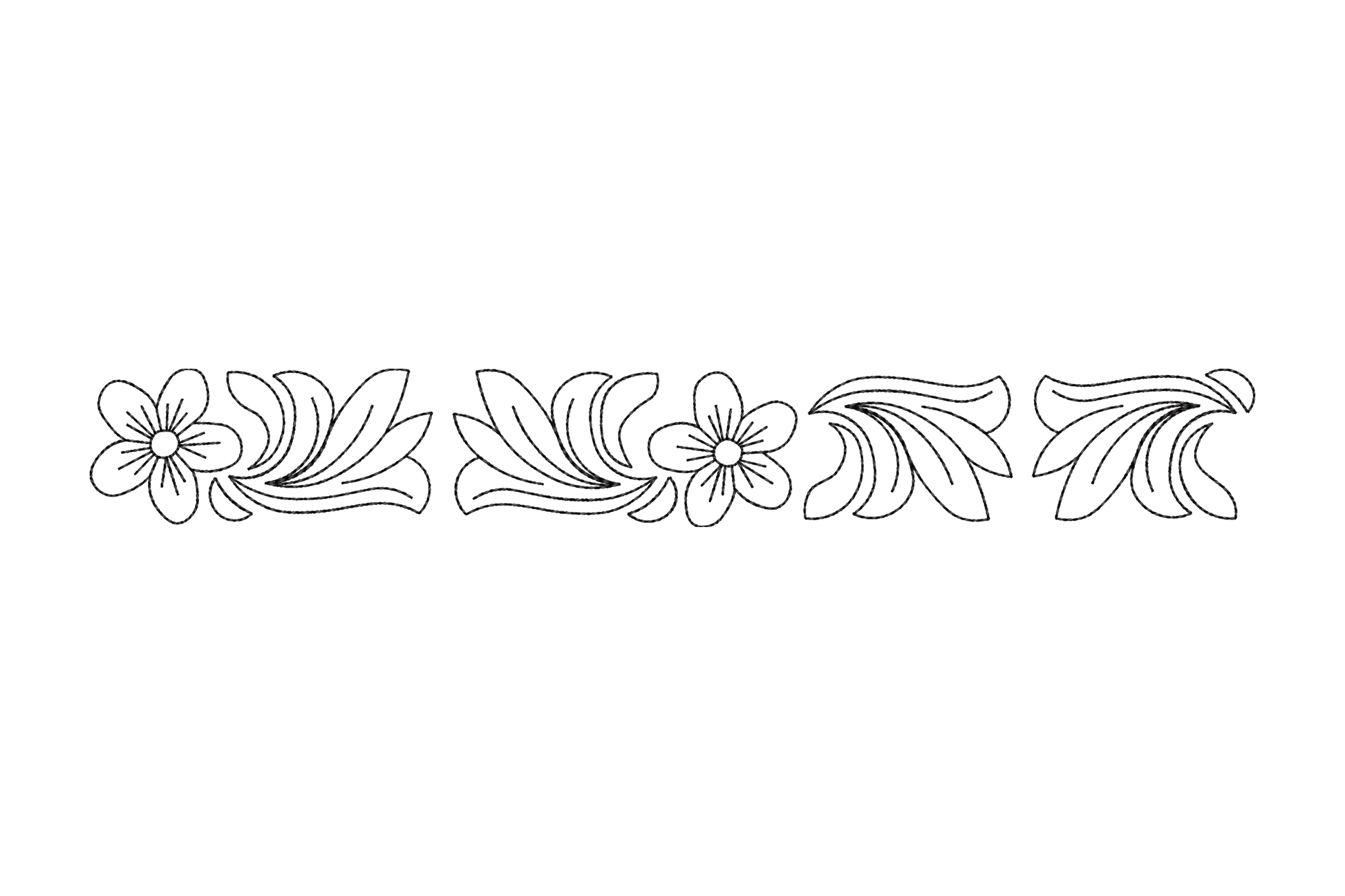 Floral border line art embroidery with two five-petal blooms on the left and trailing leaf scrolls on the right.