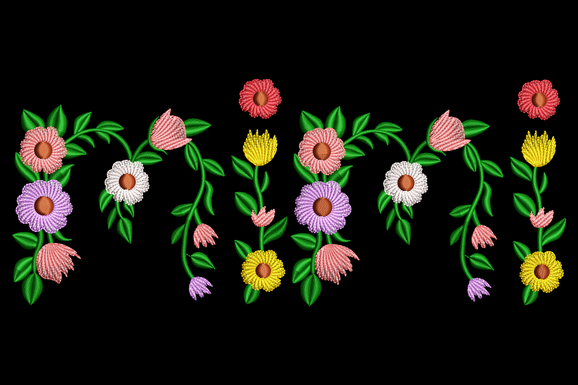 Floral border embroidery with continuous vine, mixed pink, yellow, lavender and white wildflowers on deep green stems, horizontal garland.