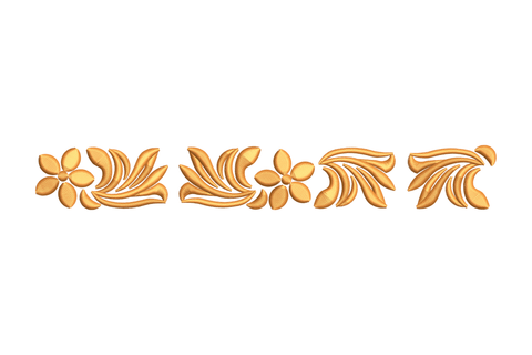 Long horizontal botanical border with small five-petal flowers and slender leaves alternating along thin wavy stem in single colour run-stitch line art style.