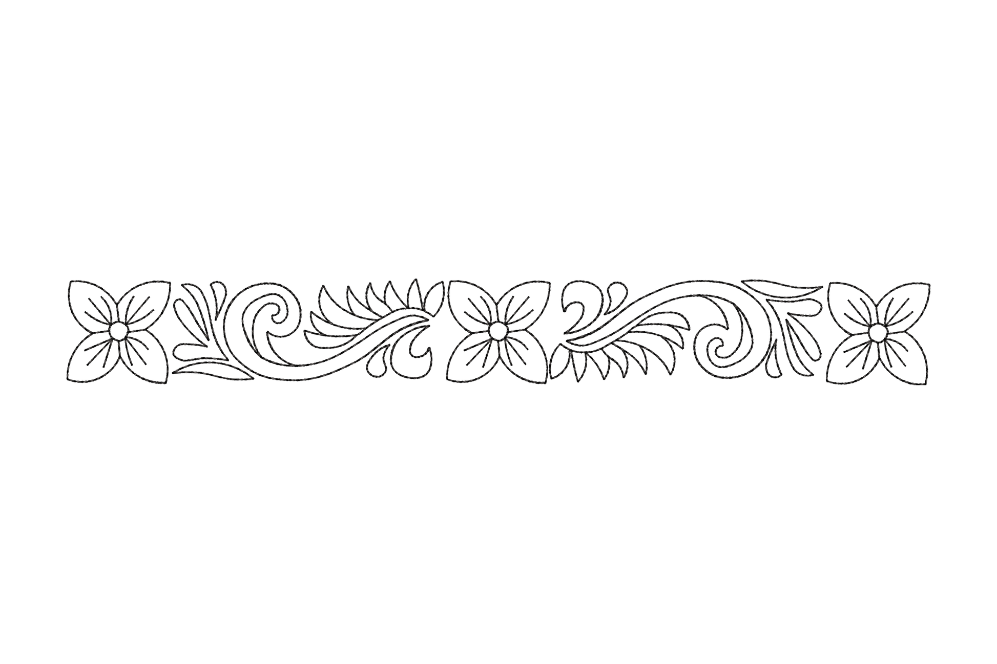Black outline floral border embroidery with three five-petal flowers, vine scrolls and fern leaves in a repeating band.