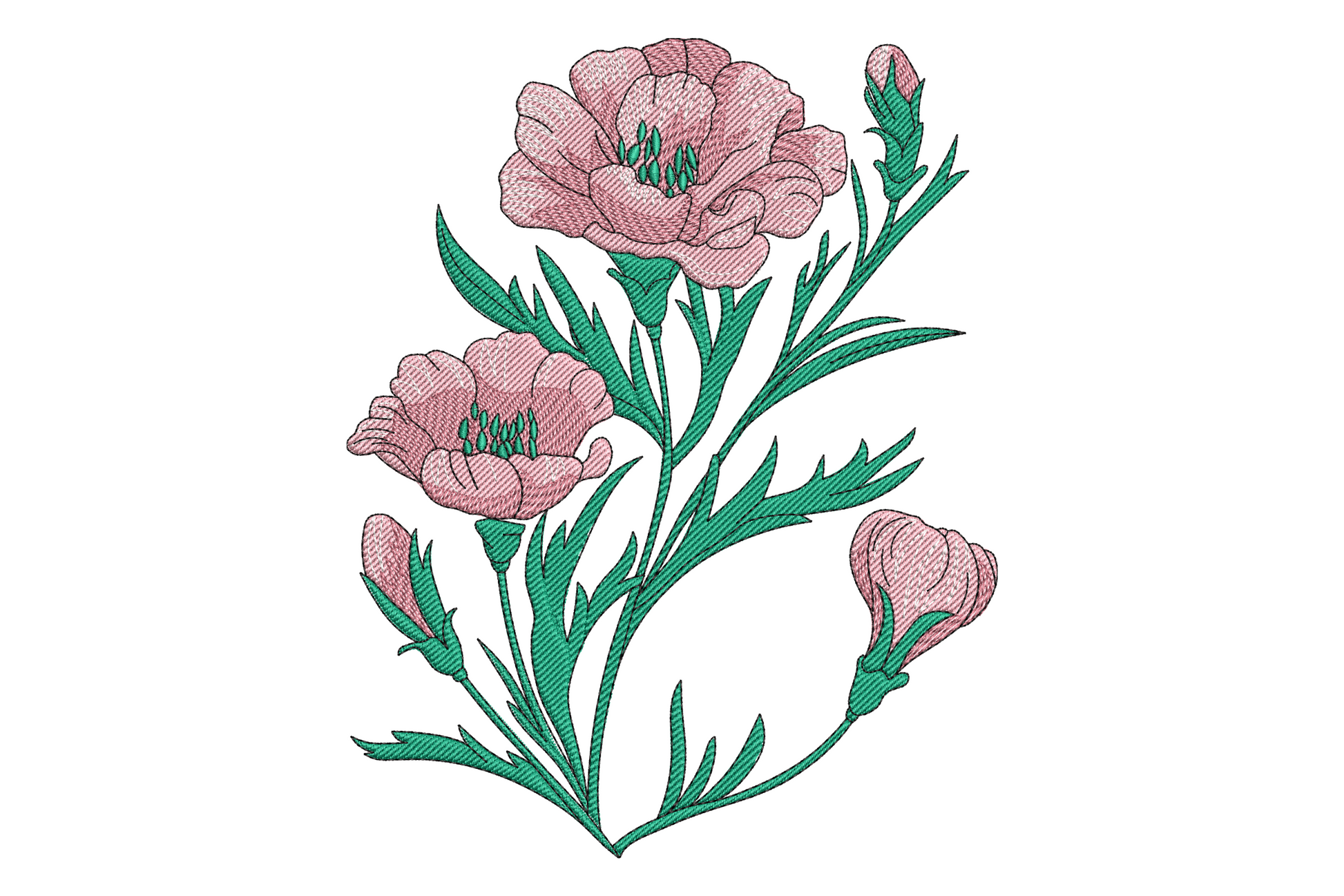 Floral bouquet embroidery design, mixed blooms in pink, rose, white and green, loose botanical arrangement, five-colour garden style motif.