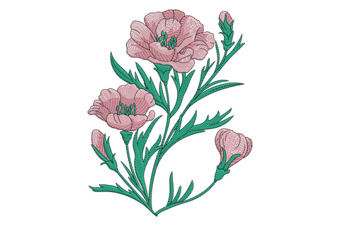 Floral bouquet embroidery design, mixed blooms in pink, rose, white and green, loose botanical arrangement, five-colour garden style motif.