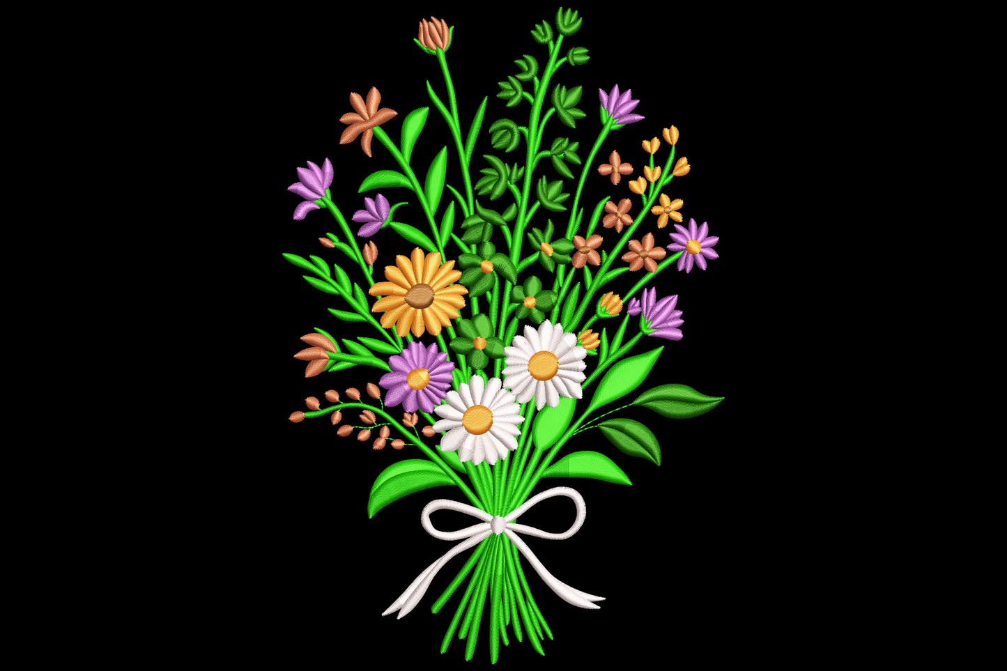 Wildflower bouquet embroidery design with white daisies, purple asters, orange gerberas and green stems tied with a white bow ribbon.
