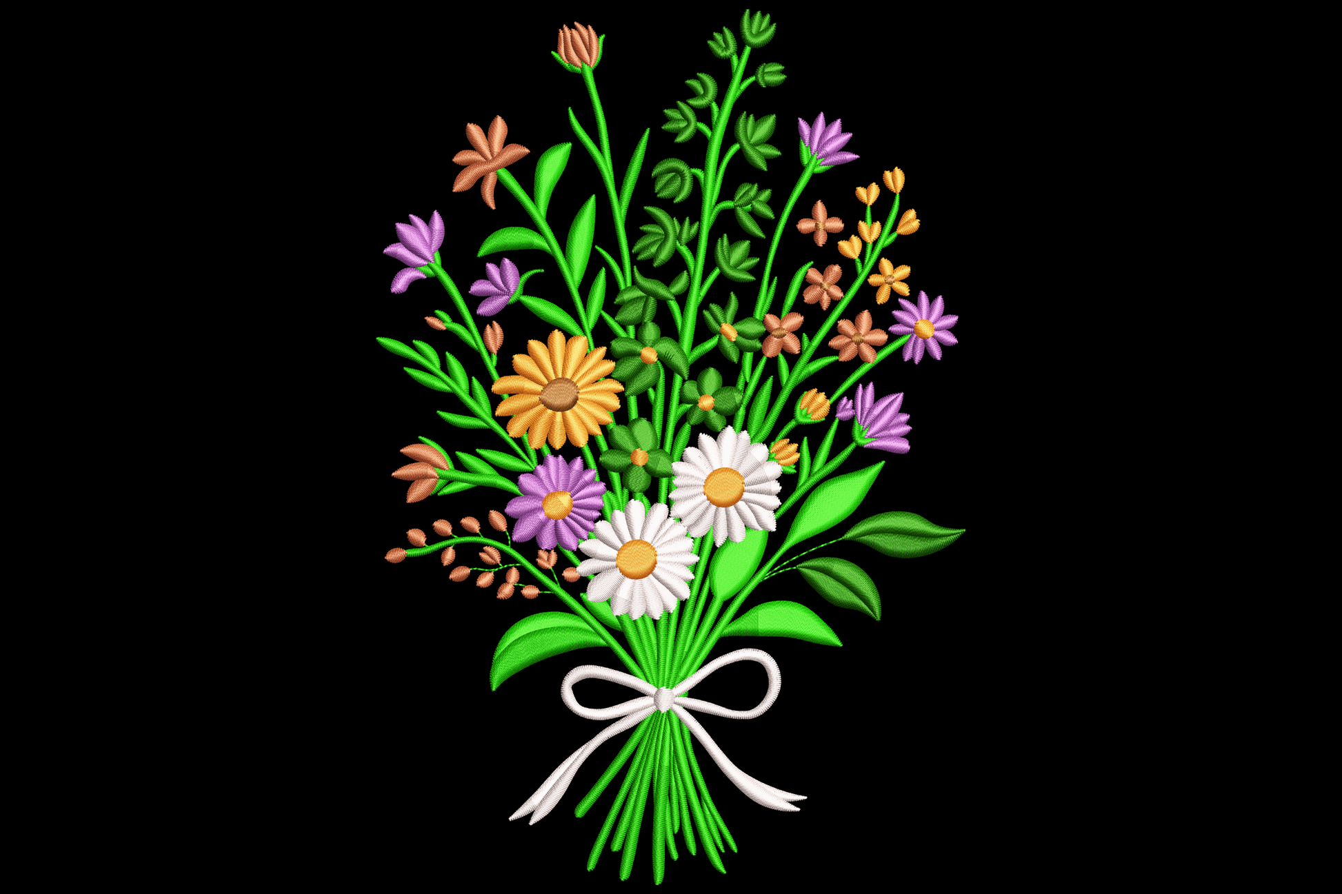 Wildflower bouquet embroidery design with white daisies, purple asters, orange gerberas and green stems tied with a white bow ribbon.