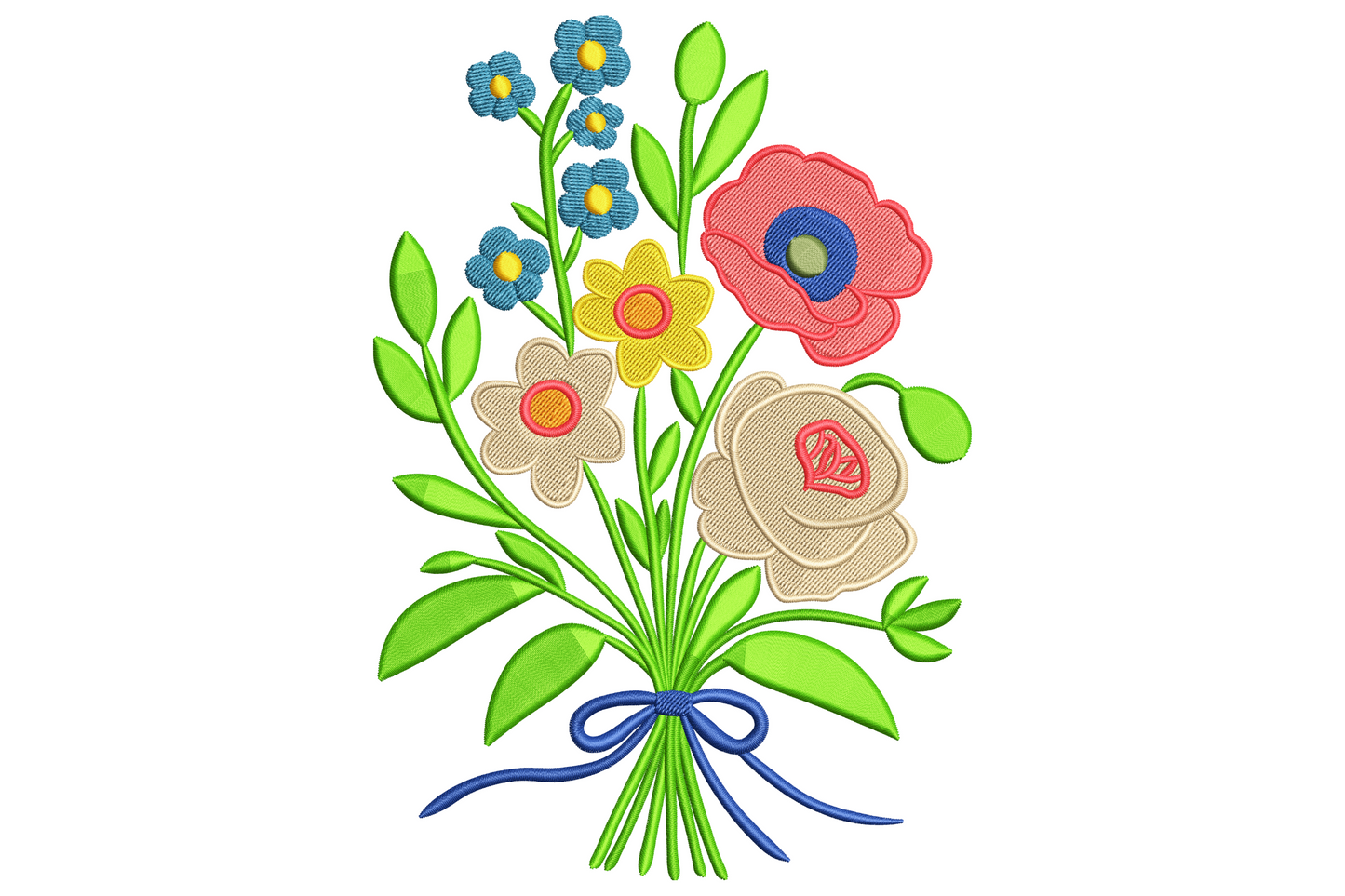 Floral bouquet embroidery with coral poppy, blue forget-me-nots, yellow daisy, cream blooms, green leaves and a cobalt blue satin bow.