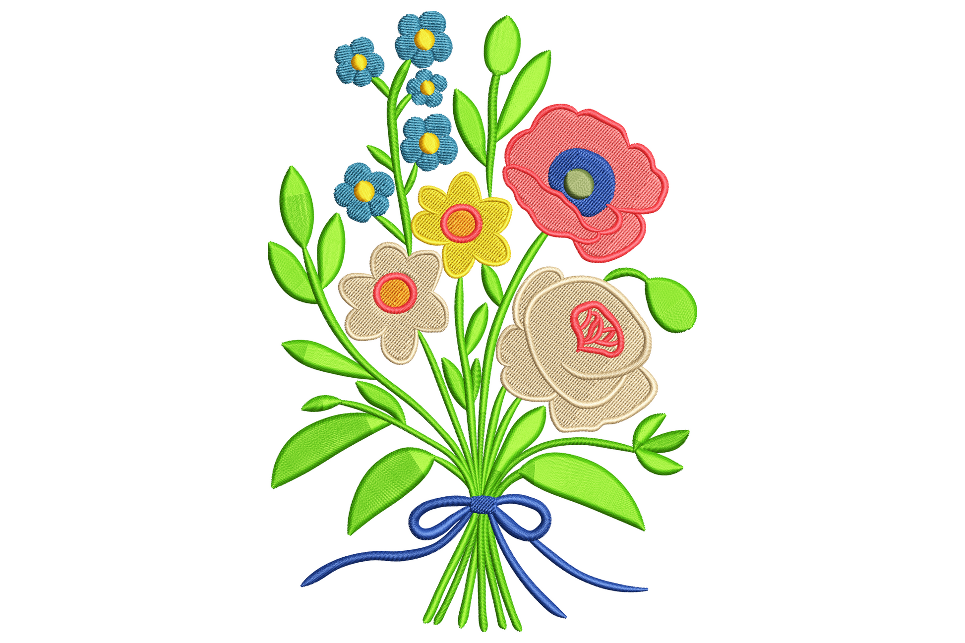 Floral bouquet embroidery with coral poppy, blue forget-me-nots, yellow daisy, cream blooms, green leaves and a cobalt blue satin bow.