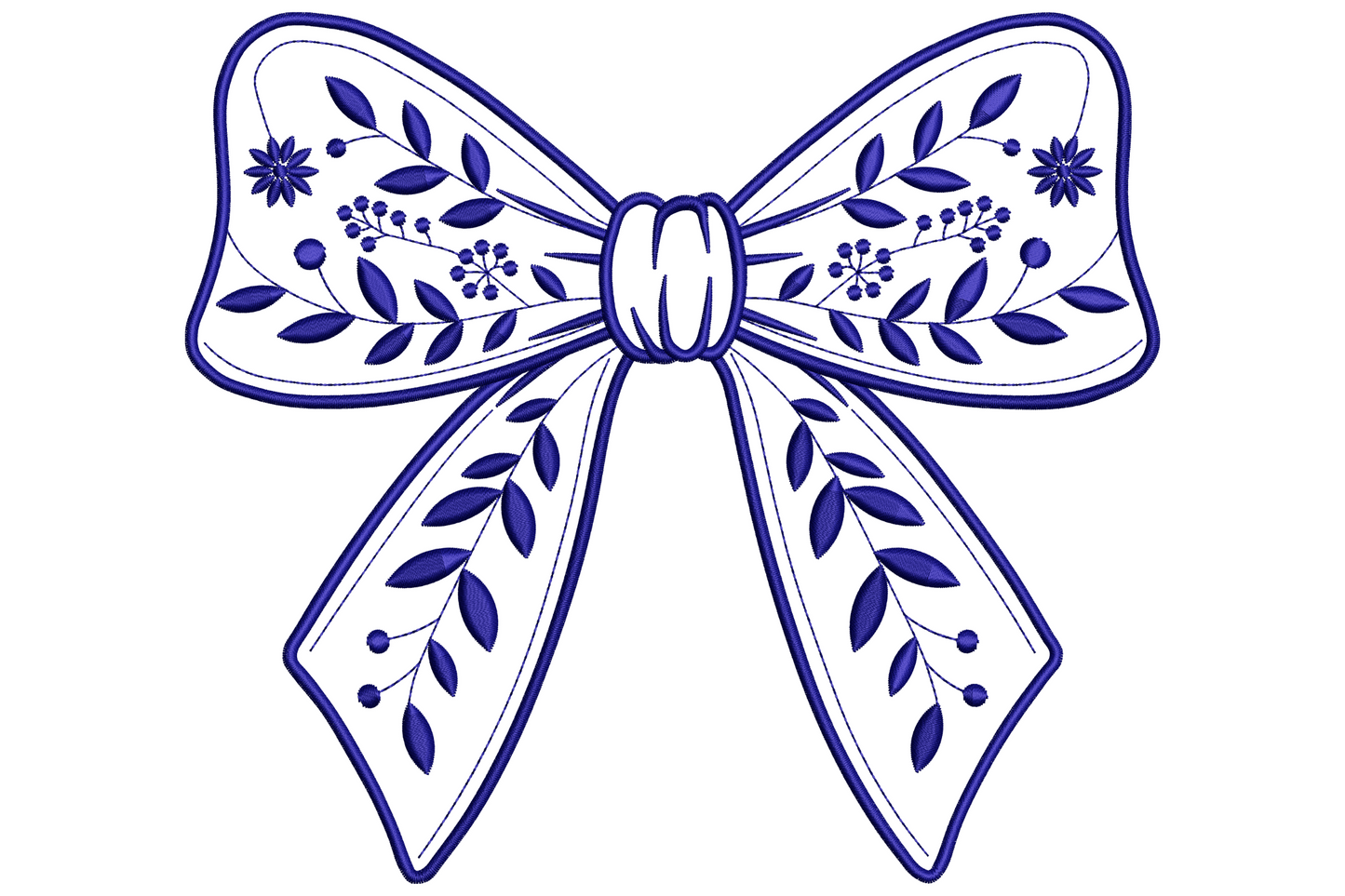 Floral bow embroidery design in deep navy blue with botanical leaf branches, daisies and berry sprigs inside a classic tied bow shape.