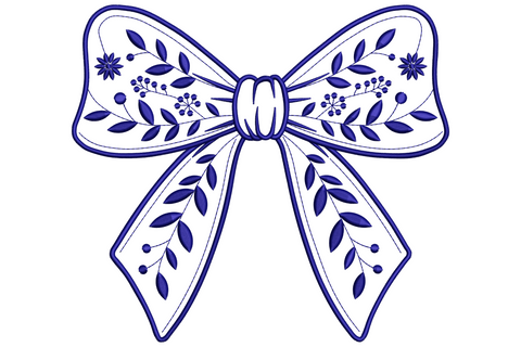 Floral bow embroidery design in deep navy blue with botanical leaf branches, daisies and berry sprigs inside a classic tied bow shape.
