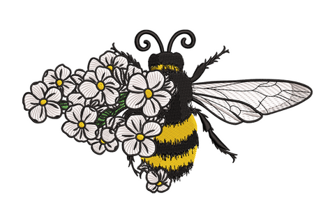 Floral bumble bee embroidery design, spring blooms, 5 colours, 5 sizes 1.98 to 4.24 inches, botanical bee pattern