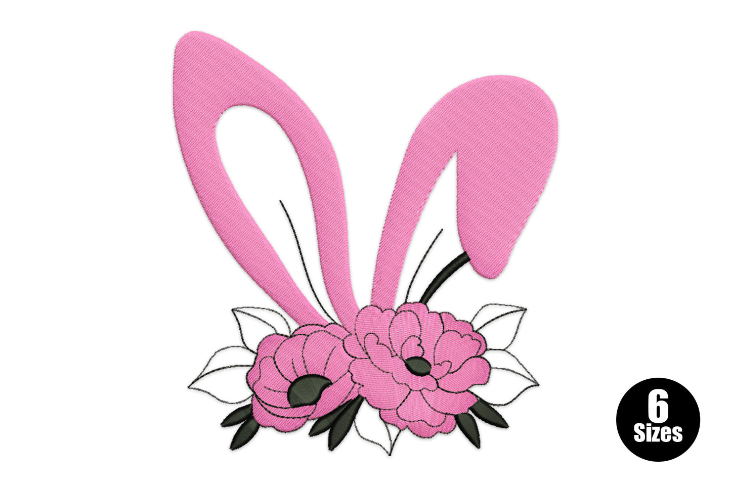 Floral bunny ears embroidery design with solid pink satin ears above a cluster of black outline peony flowers and leaves.